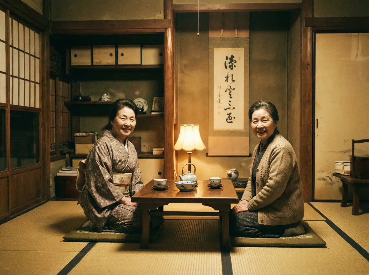 两位优雅的 718.st张津瑜 在日式茶室中品茶交谈